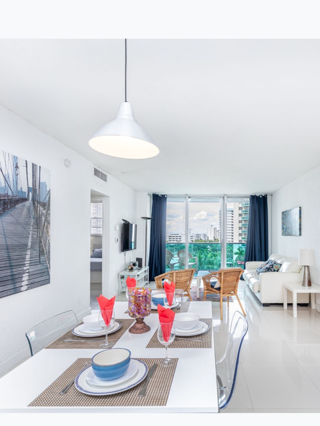 Exterior view and living room of Apartment 1 located in Miami, fully equipped